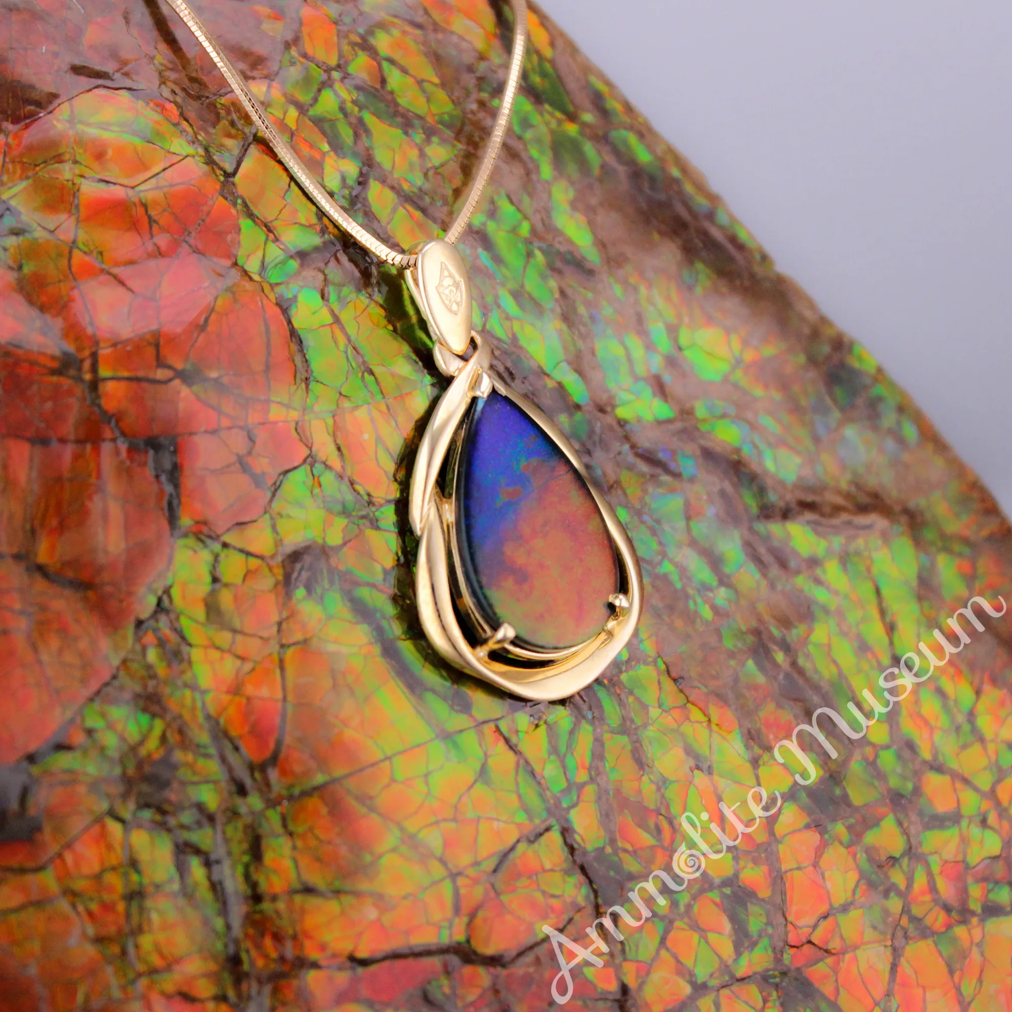 14K Gold Teardrop Ammolite Pendant