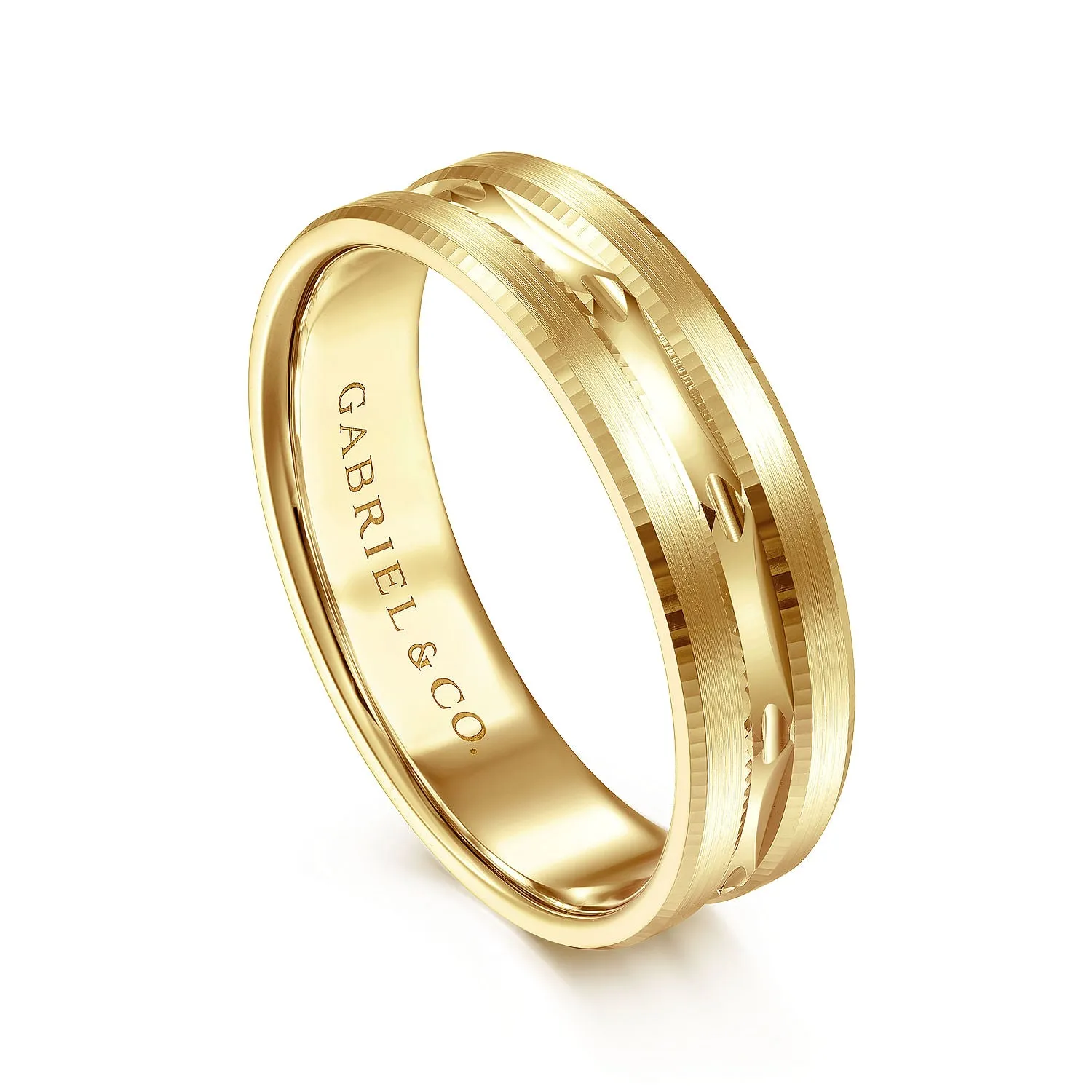 14K Yellow Gold 6mm - Carved Men's Wedding Band in Satin Finish