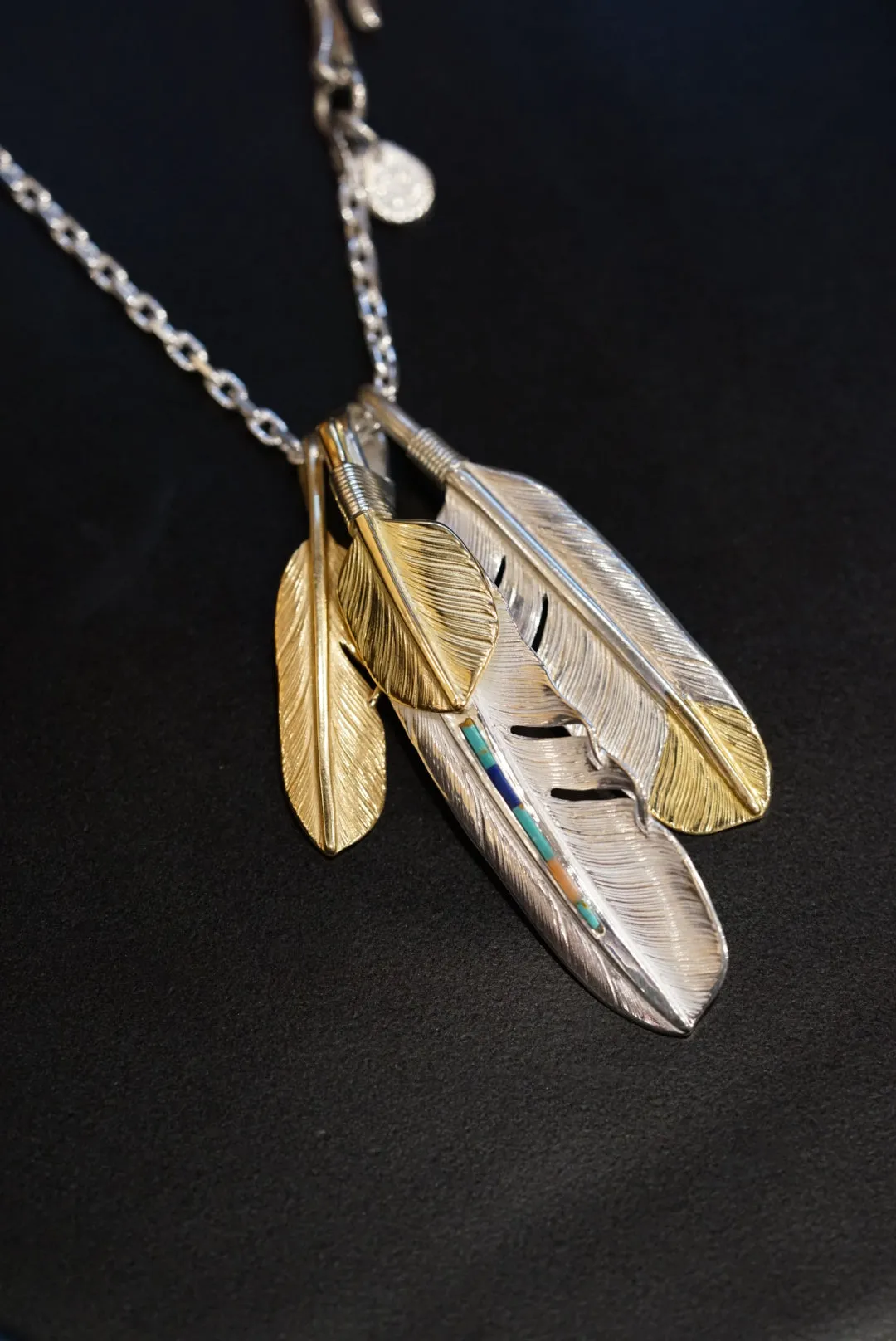 18K Top Gold Inlay Turquoise Feather L