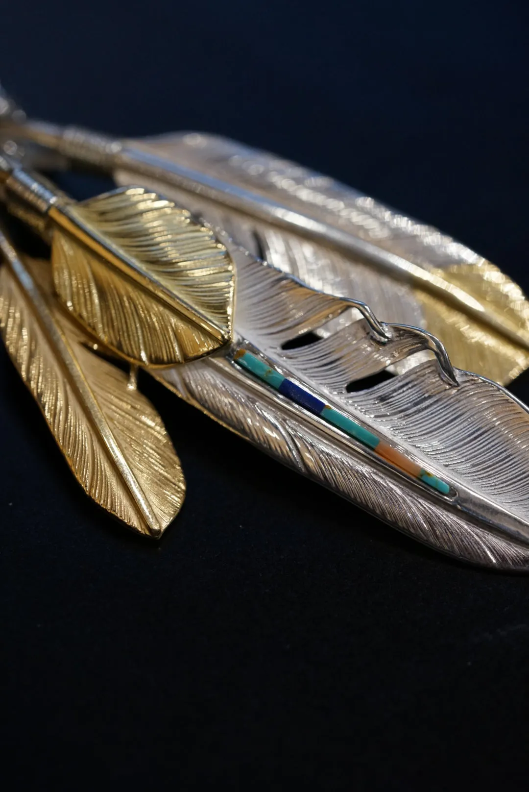 18K Top Gold Inlay Turquoise Feather L