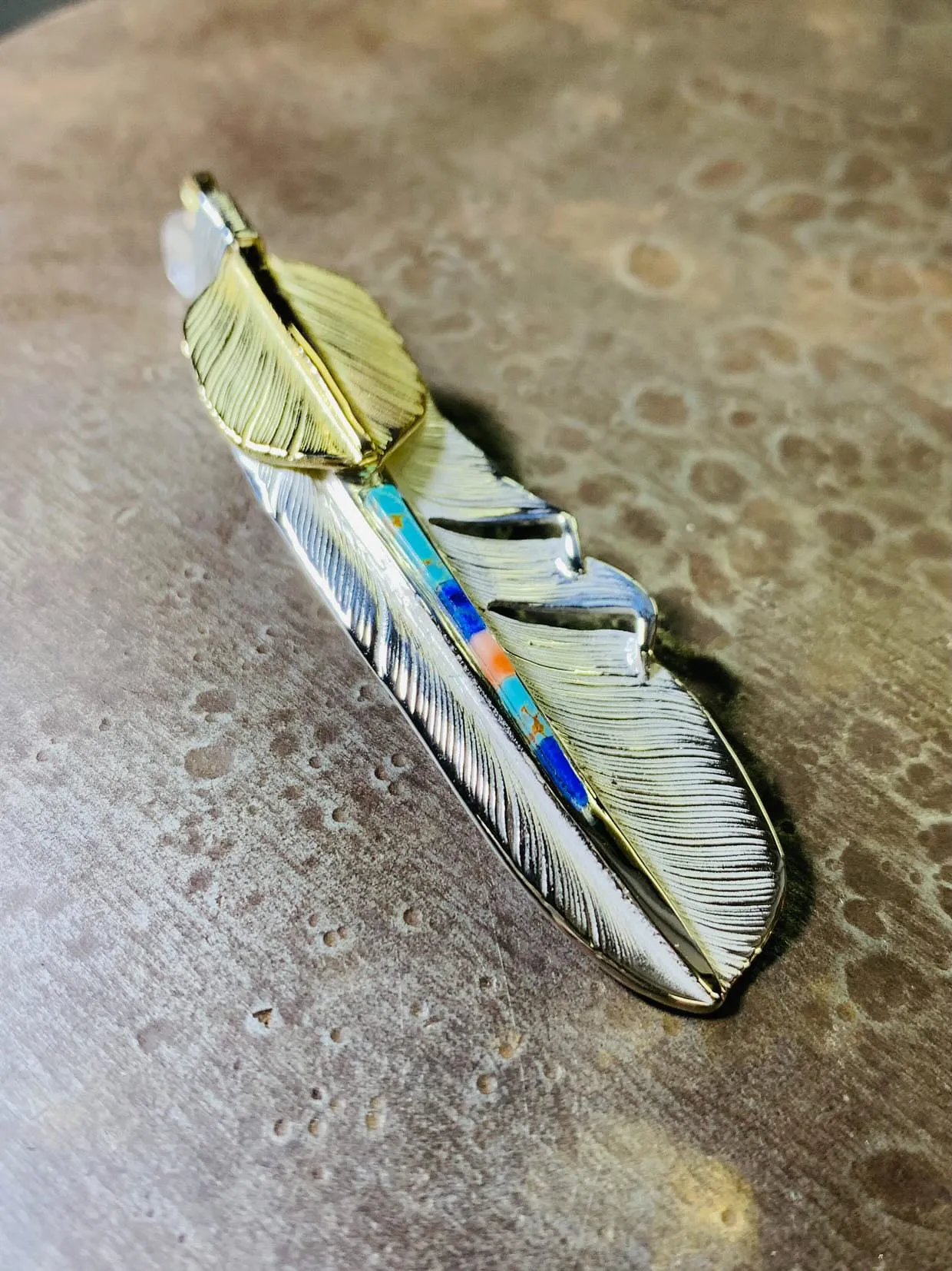 18K Top Gold Inlay Turquoise Feather L