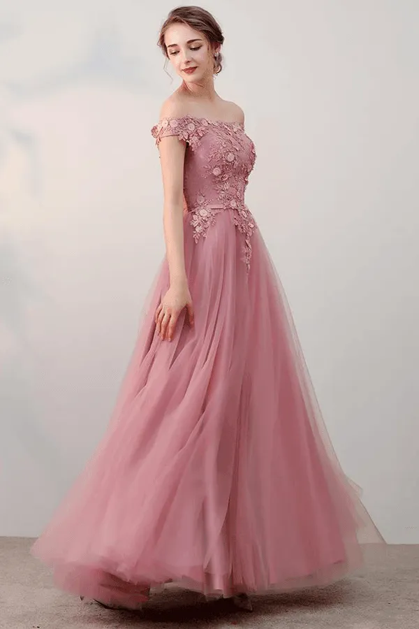 A-line Off-the-shoulder Pink Applique Tulle Prom Dress Evening Dress  PSK062