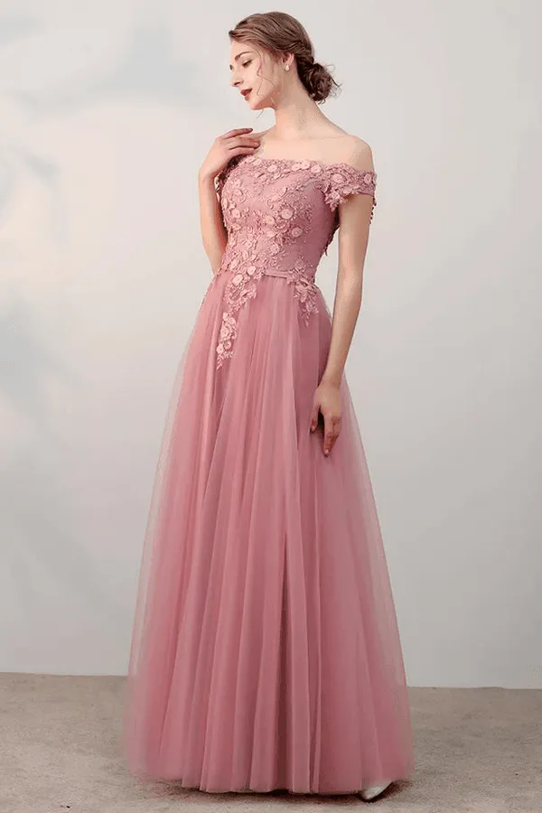 A-line Off-the-shoulder Pink Applique Tulle Prom Dress Evening Dress  PSK062