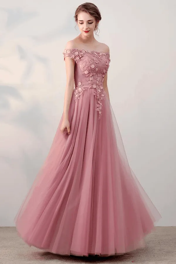 A-line Off-the-shoulder Pink Applique Tulle Prom Dress Evening Dress  PSK062