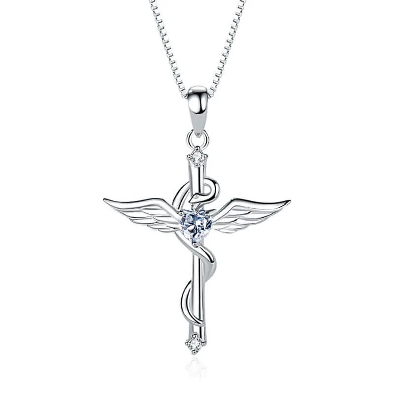 angel wings cross necklace silver