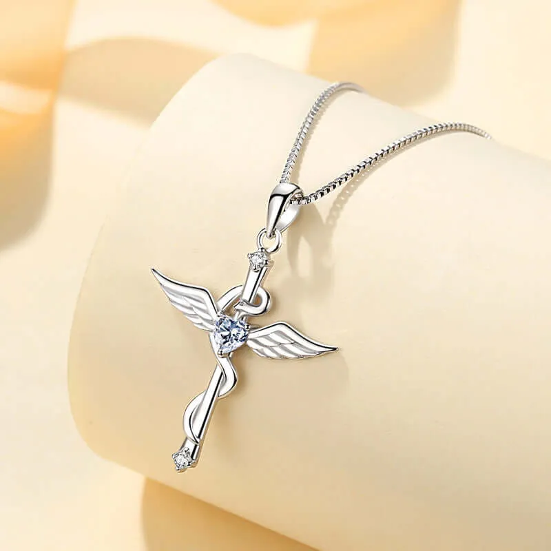 angel wings cross necklace silver