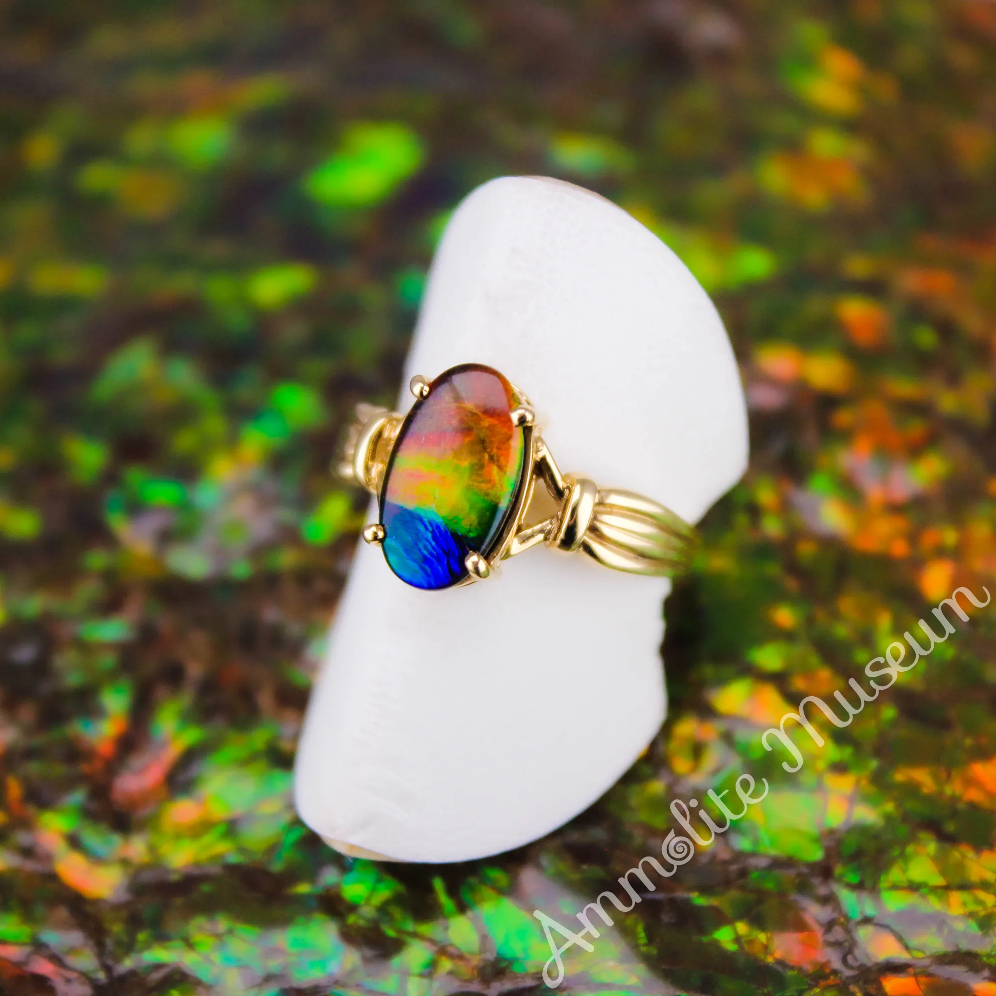 AURORA 14K Yellow Gold Oval Ammolite Ring