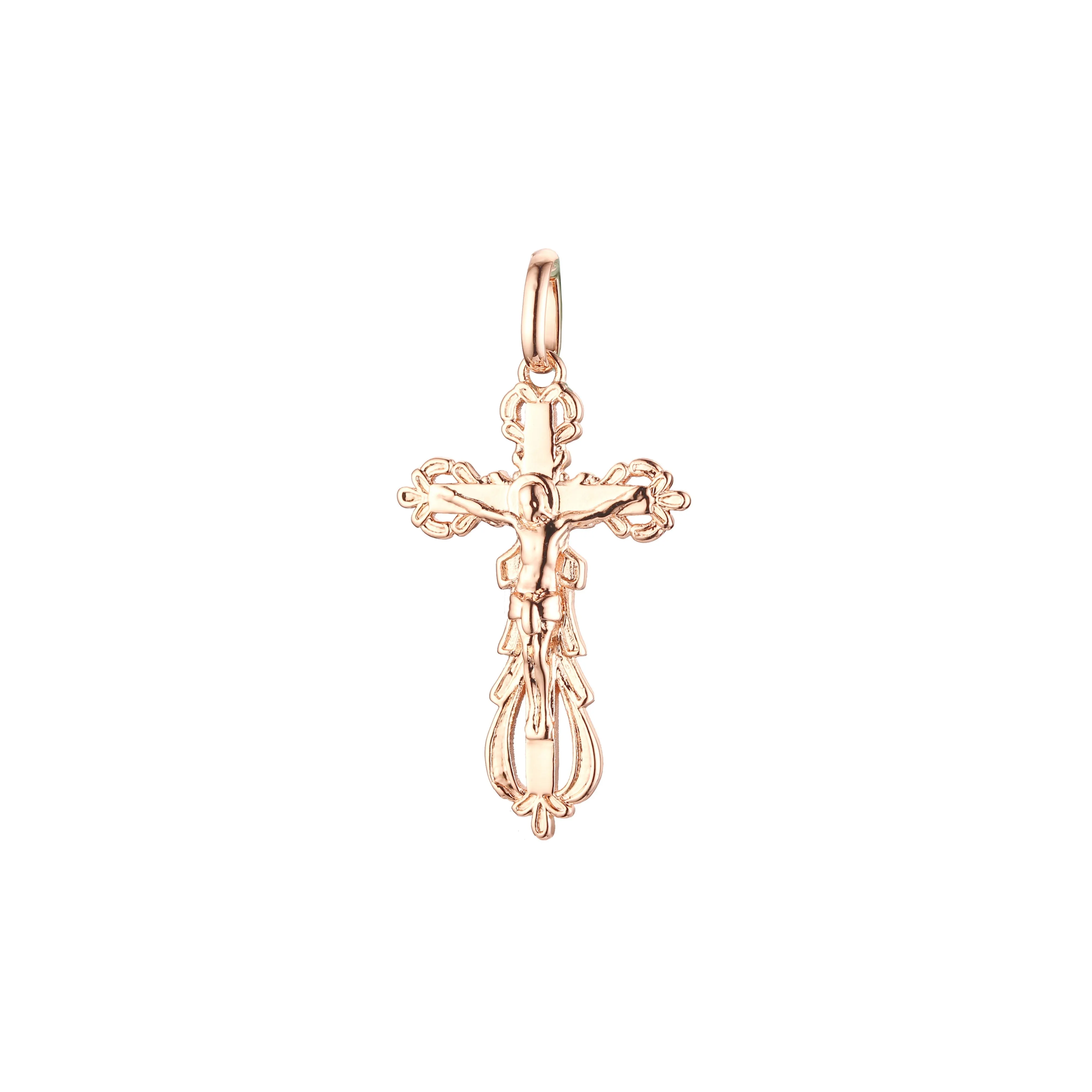 Catholic cross budded pendant in 14K Gold, Rose Gold & White Gold plating colors