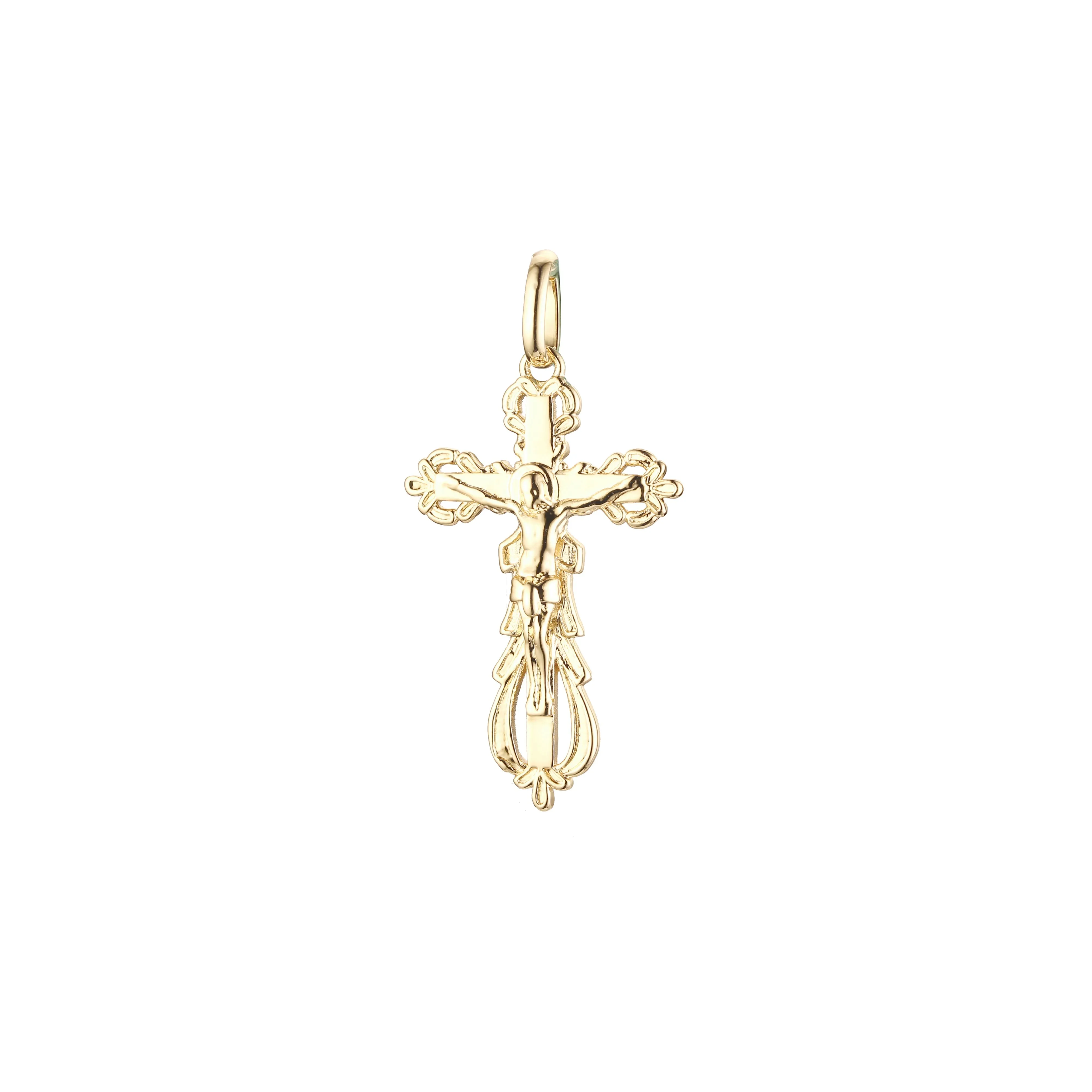 Catholic cross budded pendant in 14K Gold, Rose Gold & White Gold plating colors