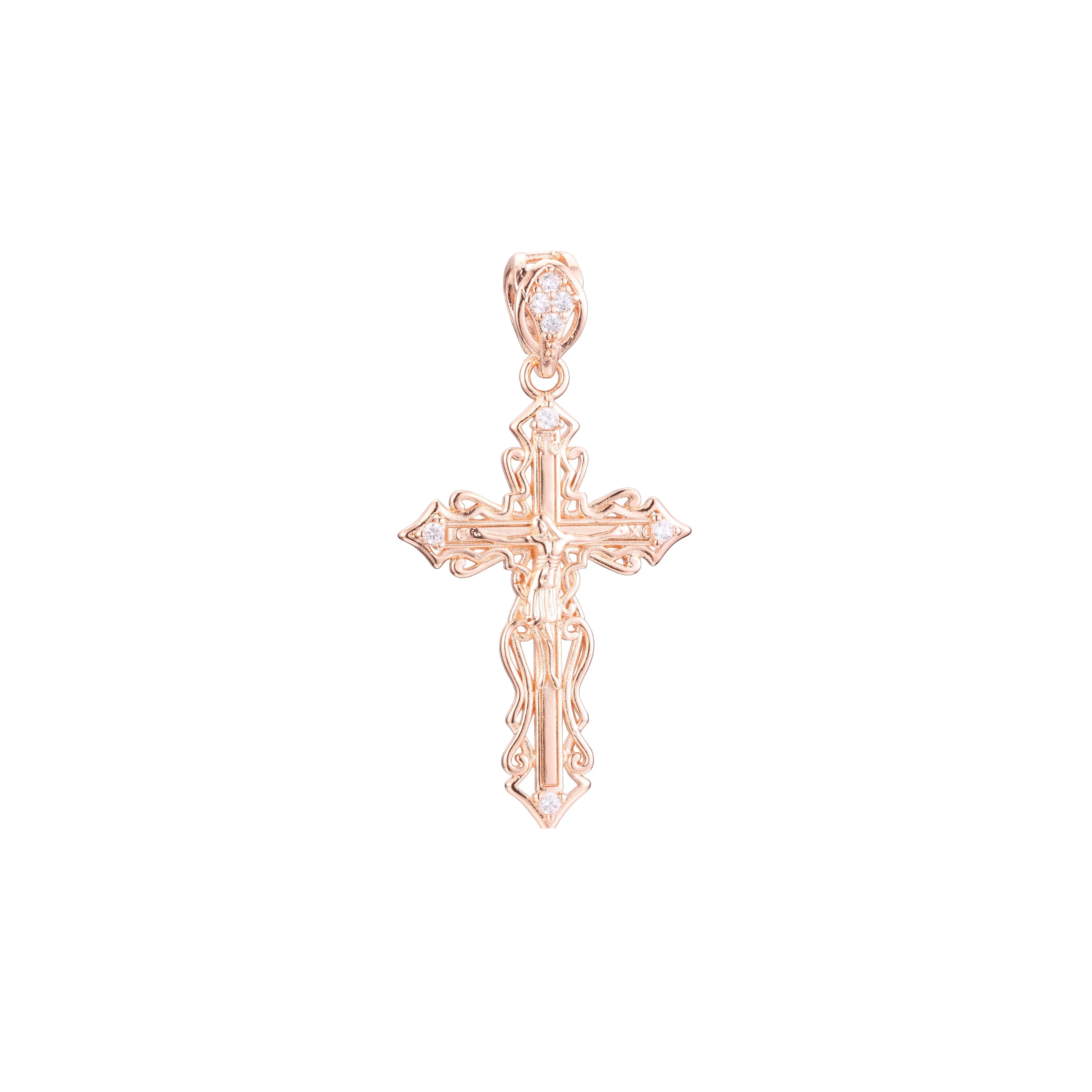 Catholic cross budded pendant in Rose Gold & 14K Gold plating colors