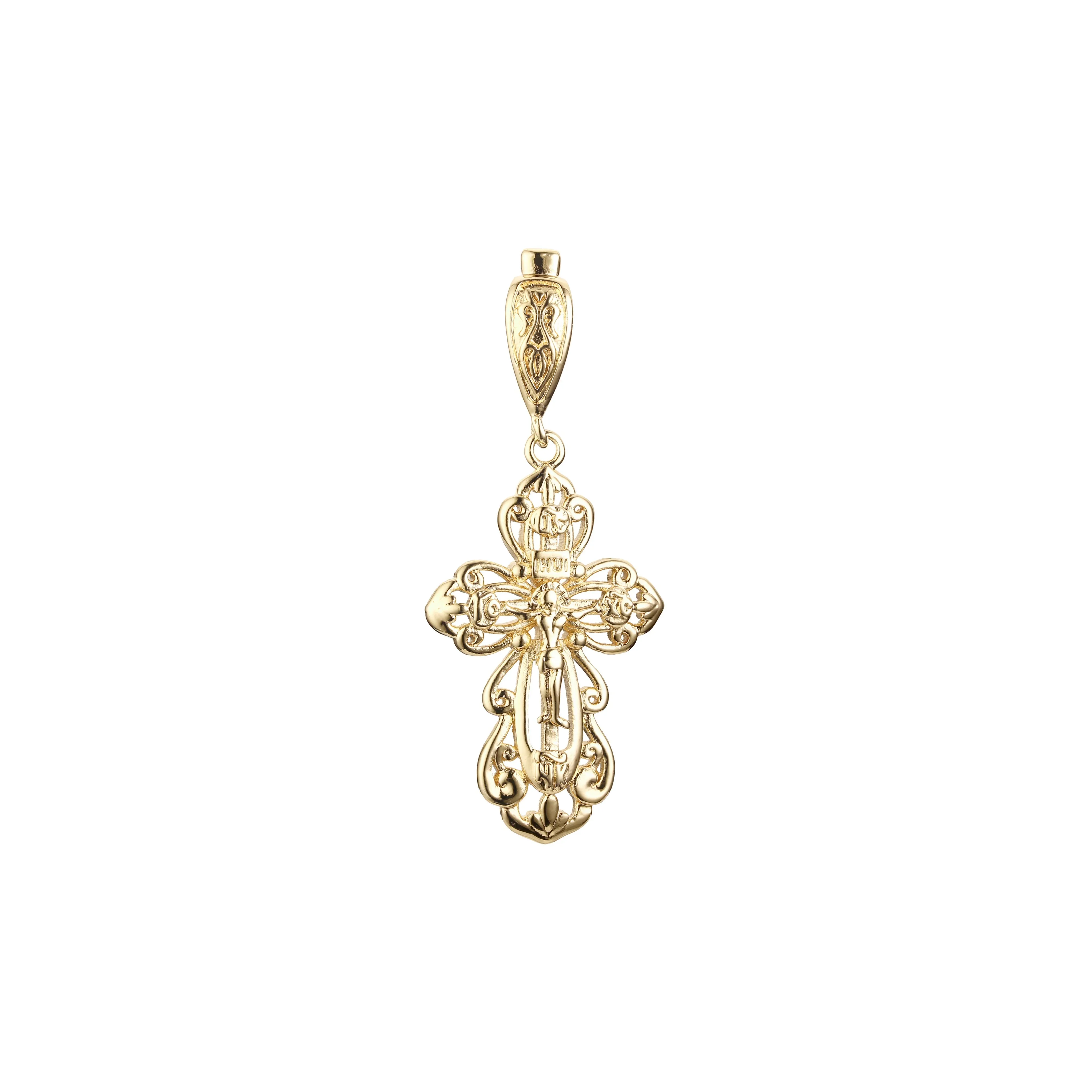 Catholic cross budded pendant in Rose Gold two tone, 14K Gold plating colors