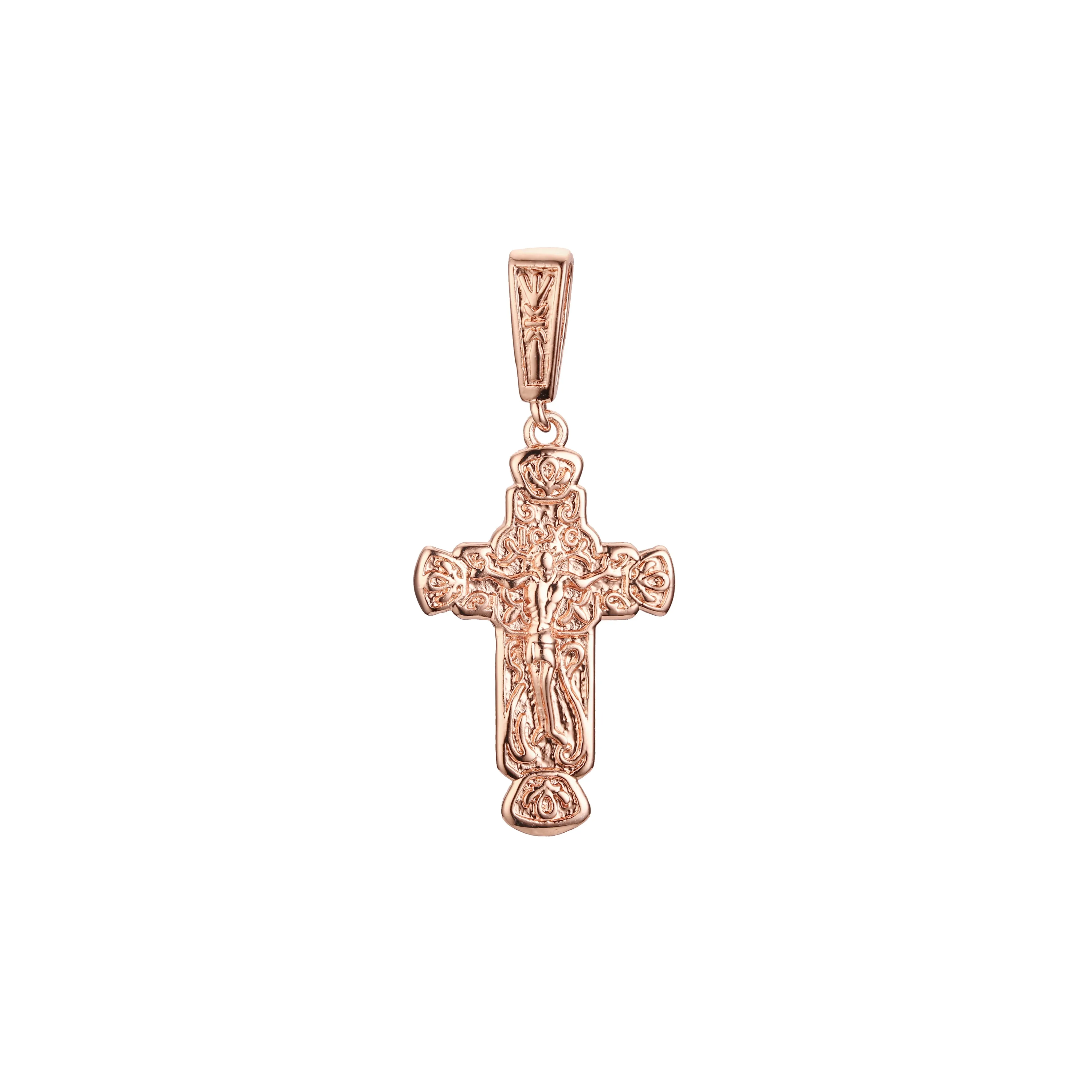 Catholic cross budded pendant in Rose Gold two tone, 14K Gold plating colors