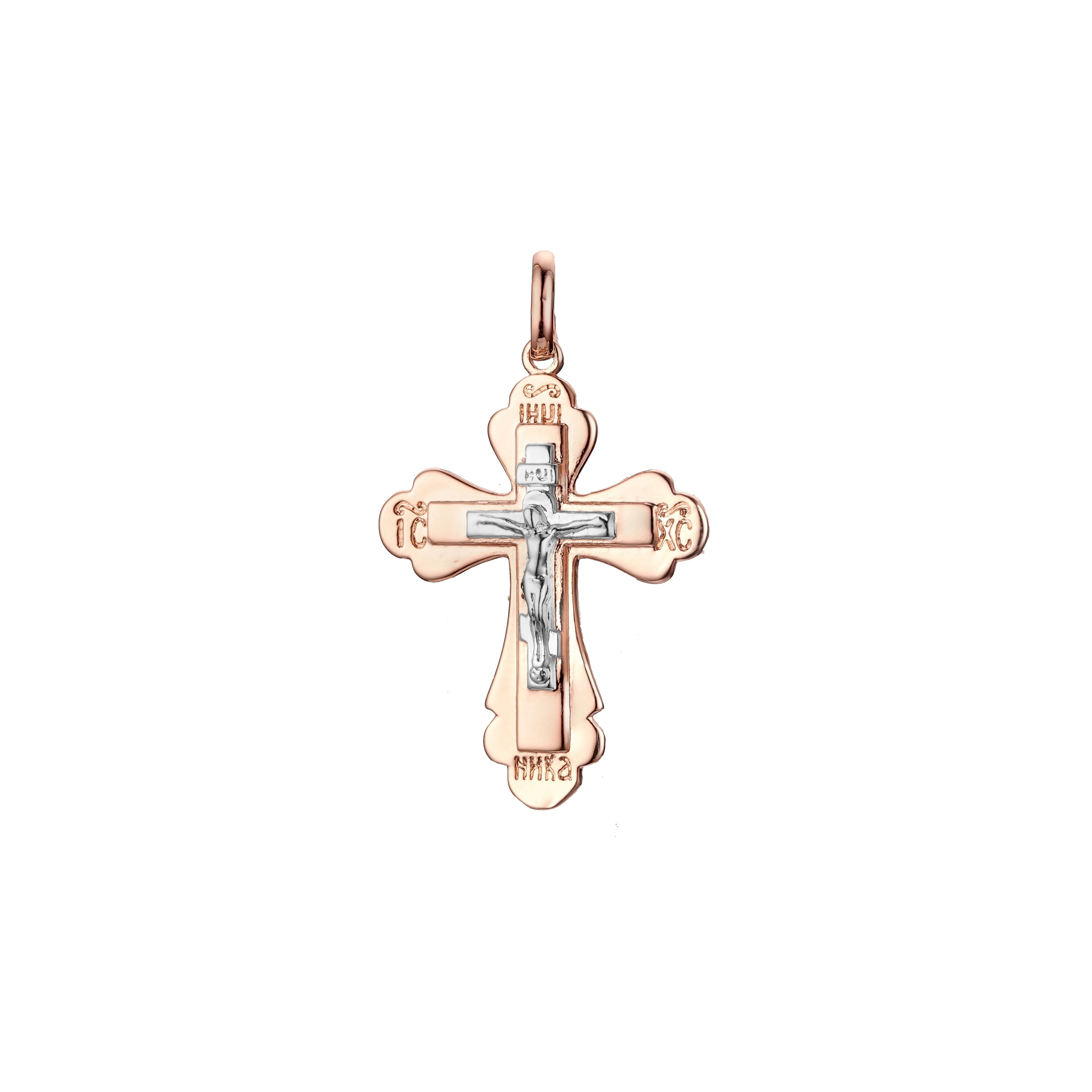 Catholic cross budded pendant in Rose Gold two tone, 14K Gold plating colors