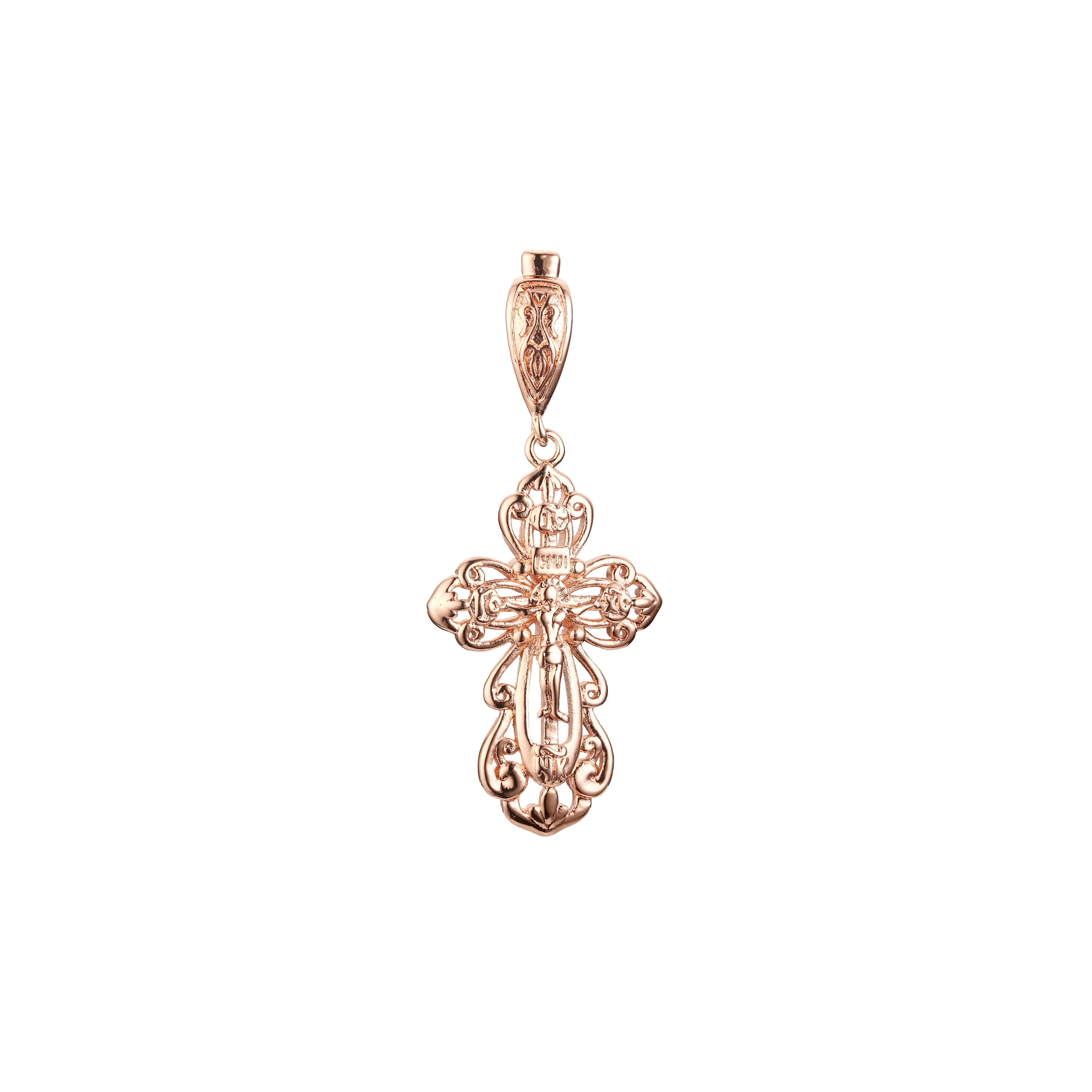 Catholic cross budded pendant in Rose Gold two tone, 14K Gold plating colors