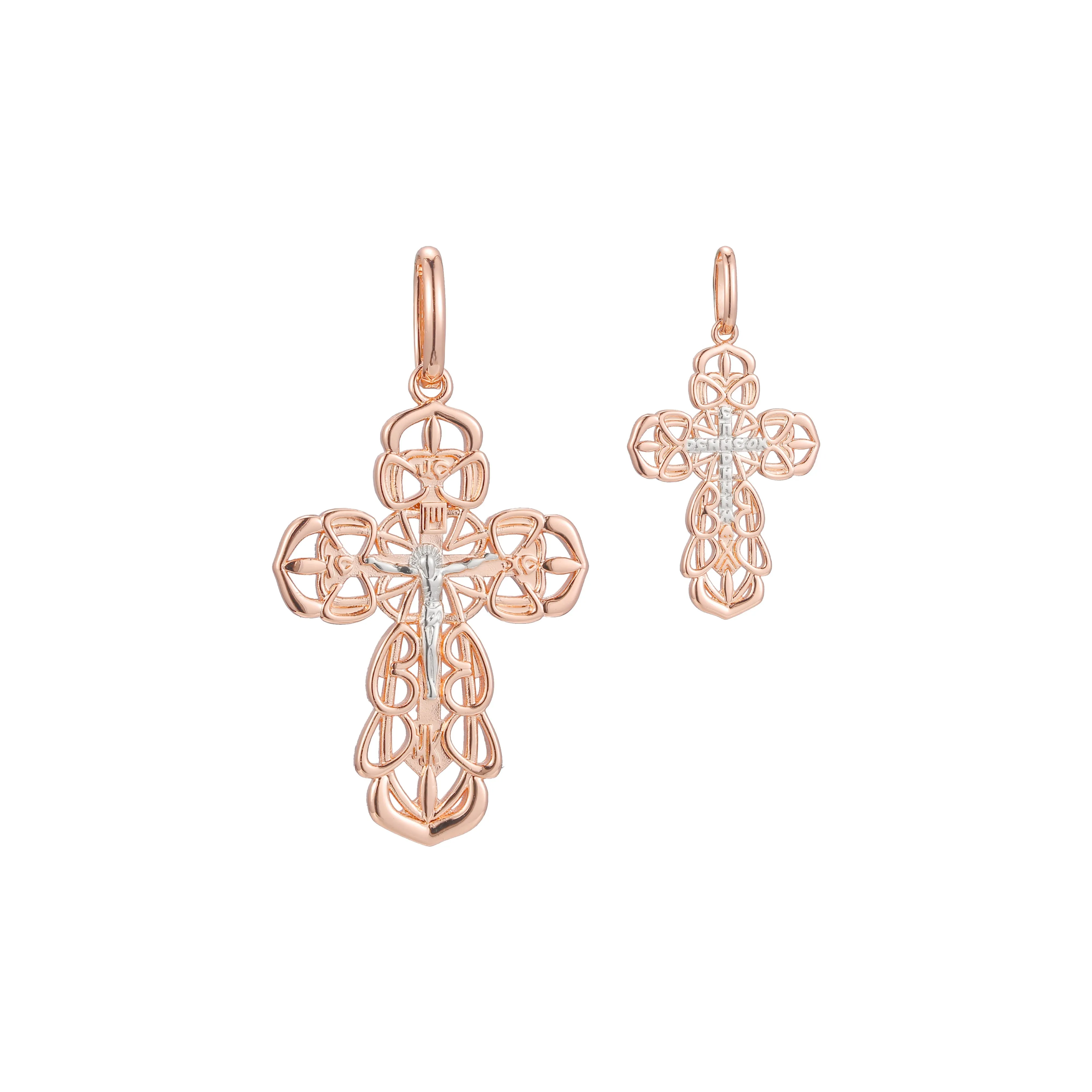 Catholic cross budded pendant in Rose Gold two tone, 14K Gold plating colors