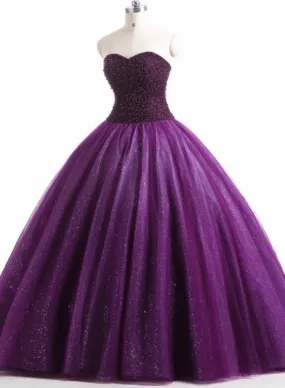 Solvbao Gorgeous Purple Beaded Tulle Ball Gown Sweet 16 Dress, Purple Quinceanera Dress