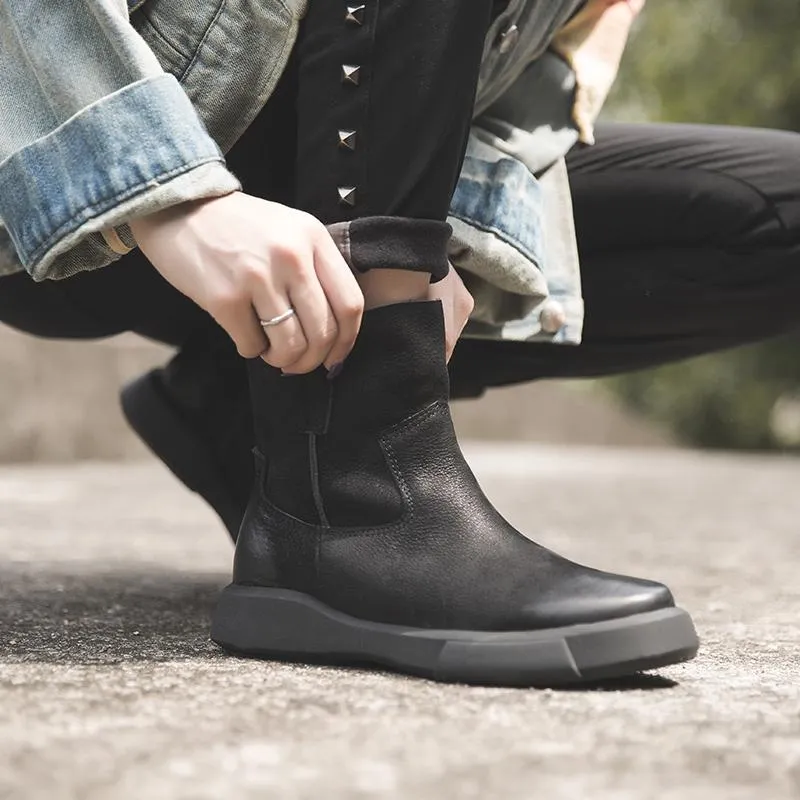 Waxing Leather Short Boots for Winter Side Zipper Chelsea Boots Black/Coffee