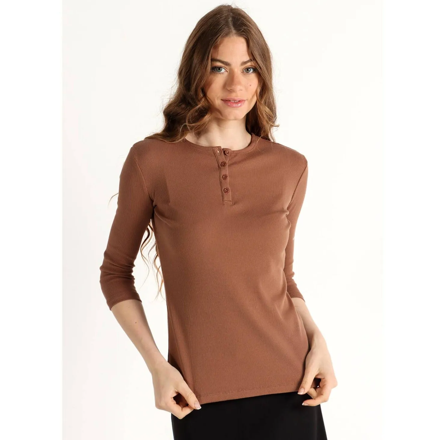 Women's 3/4 Sleeve Ribbed Henley Top