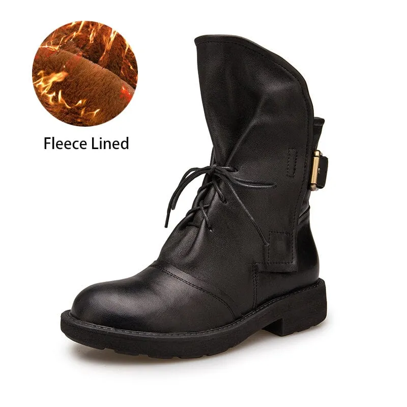 Womens Retro Sheepskin Short Boots for Winter Lace Up Buckles Boots Coffee/Black